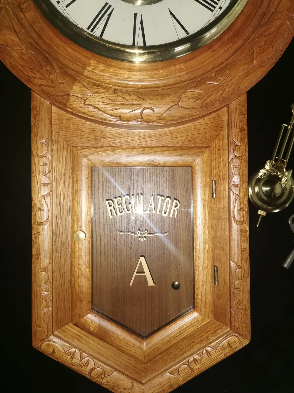 Vintage Oak Regulator A Wall Clock Engraved W/Keys & Pendulum Works